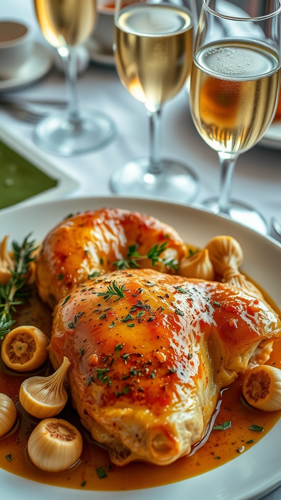 Champagne chicken with garlic cloves and herbs on a dining table with sparkling wine.